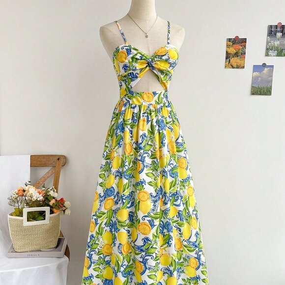 Multicolor Boho Women's Spaghetti Strap V-Neck Knotted Waist A-Line Midi Dress - Picture 4 of 7